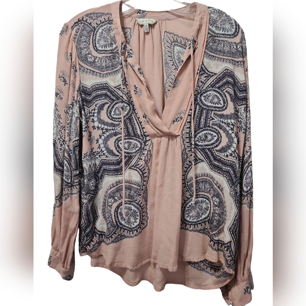 Lucky medium women's top pink with black design. Bo ho
